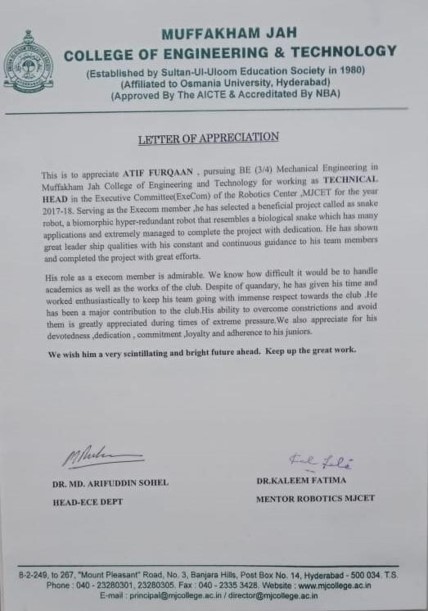 Technical Head Appreciation Letter